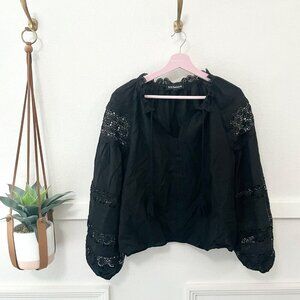 En Saison Black Lace Insert Long Sleeve Tassel Blouse Size XS